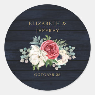 Sticker Rond Rustic Wood Navy Burgundy Gold Floral Mariage