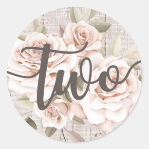 Sticker Rond Rustic Wood & Shabby Chic Rose 2e fête d'anniversa
