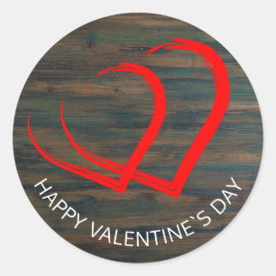 Sticker Rond Rustic Wood Valentine`s Day Two Red Heart