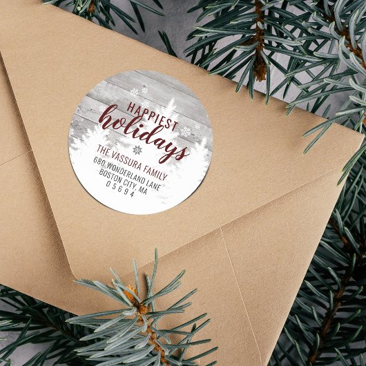 Sticker Rond Rustic Wood Winter Tree Bourgogne Adresse de retou