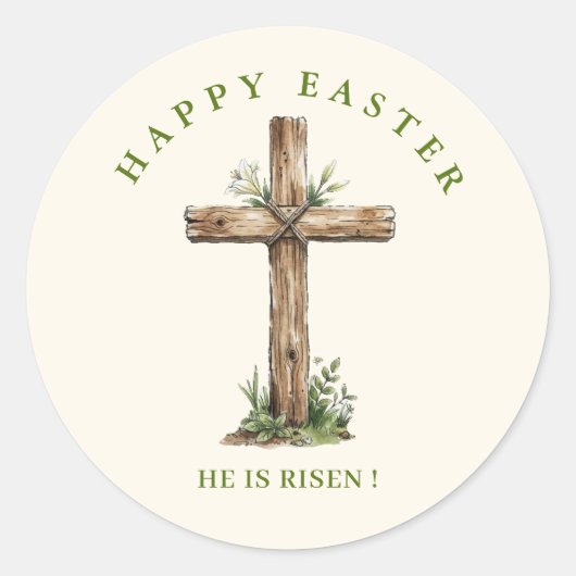 Sticker Rond Rustic Wooden Cross He is risen Easter (Devant)