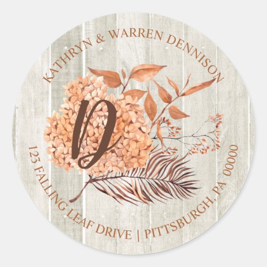 Sticker Rond Rustic Woodsy Terracotta Hydrangea Adresse de reto (Devant)