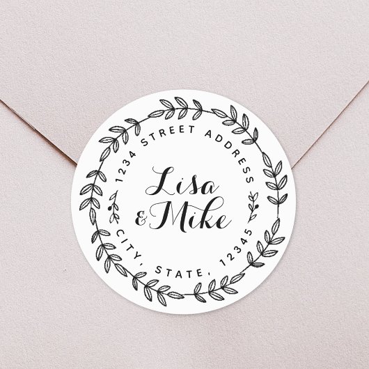 Sticker Rond Rustic Wreath Couple Noms Adresse Mariage