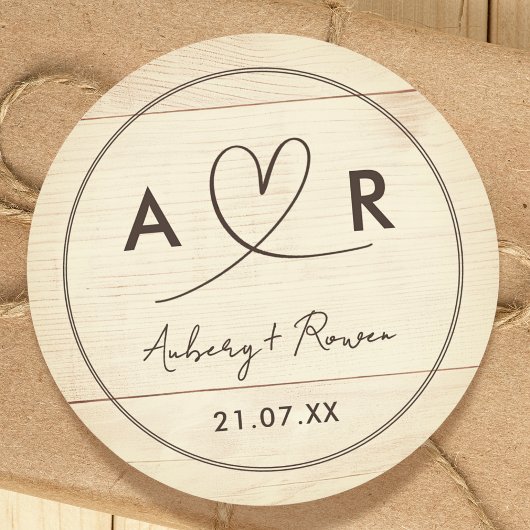 Sticker Rond Rústico Neutre Boho Aspect Bois Joli Cœur Script