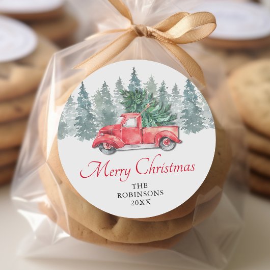 Sticker Rond Rustique aquarelle Rouge Camion vacances de Noël