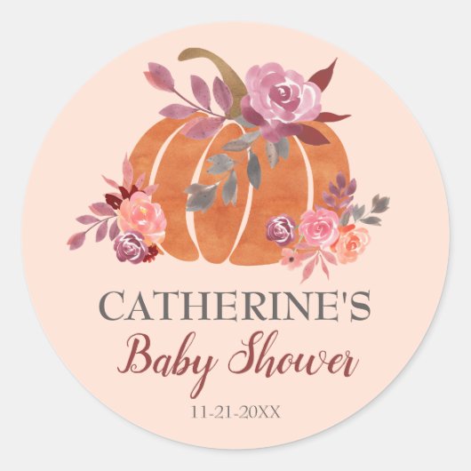 Sticker Rond Rustique Automne Floral Petit Baby shower Citrouil (Devant)
