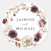 Sticker Rond Rustique Automne Marsala Floral Mariage Wreath (Devant)