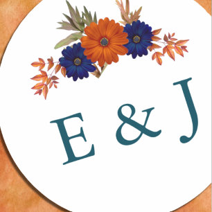 Sticker Rond Rustique Automne Orange Navy Bleu Floral Mariage