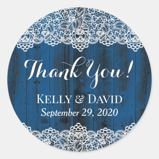 Sticker Rond Rustique Blanc Dentelle Bleu Grange Bois Mariage F (Devant)