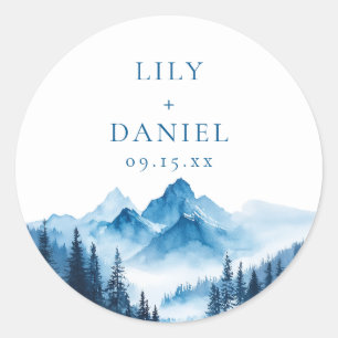 Sticker Rond Rustique Boho Blue Watercolor Mountains Mariage