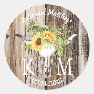 Sticker Rond Rustique Boho Longhorn tournesol Monogramme Mariag