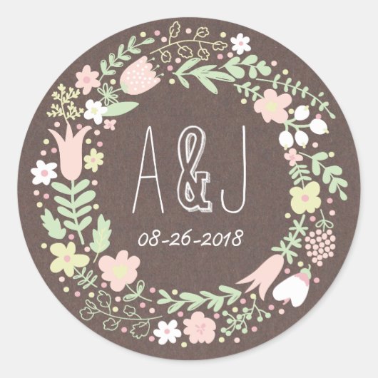 Sticker Rond Rustique Boho Pastel Mariage à fleurs (Devant)