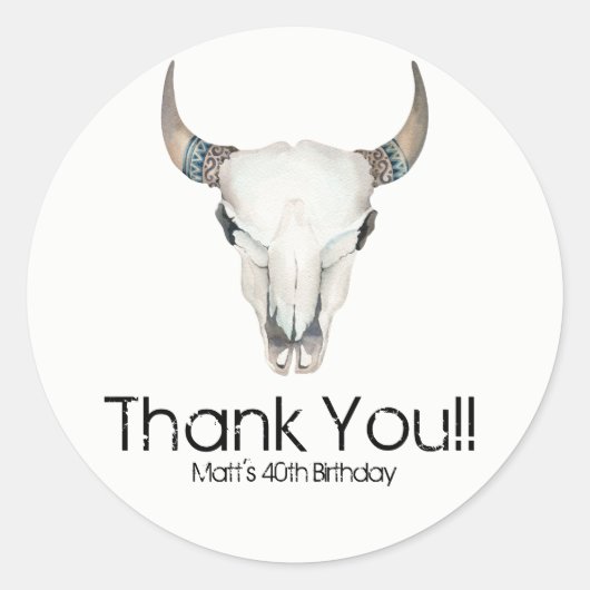 Sticker Rond Rustique Boho Vache Crâne Personnalisé Anniversair (Devant)