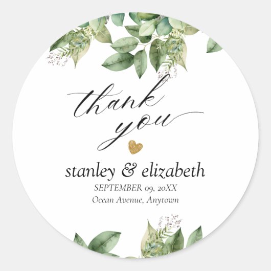 Sticker Rond Rustique Botanique Vert & Or Mariage Foliage (Devant)
