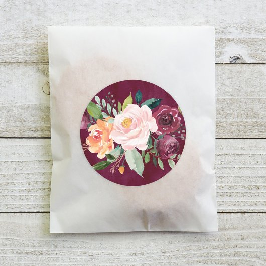 Sticker Rond Rustique Bourgogne et Blush Fall Floral Mariage
