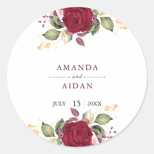 Sticker Rond Rustique Bourgogne Rouge Floral Mariage (Devant)