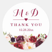 Sticker Rond Rustique Bourgogne Rouge Floral Monogramme Mariage (Devant)