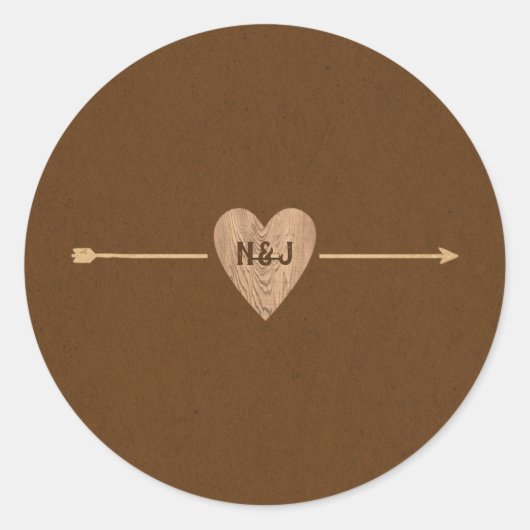 Sticker Rond Rustique Brown Kraft Flèche de coeur Woodsy (Devant)
