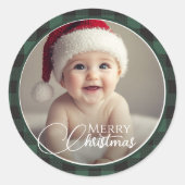Sticker Rond Rustique Buffle vert Plaid Joyeux Noël Photo (Devant)