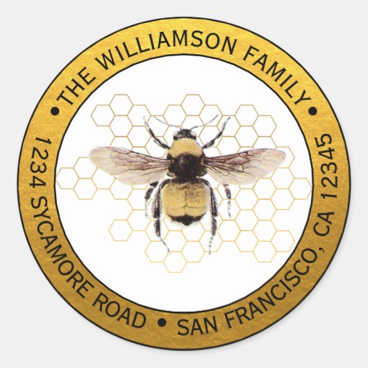 Sticker Rond Rustique BumbleBee Round Return Adresse Gold (Devant)