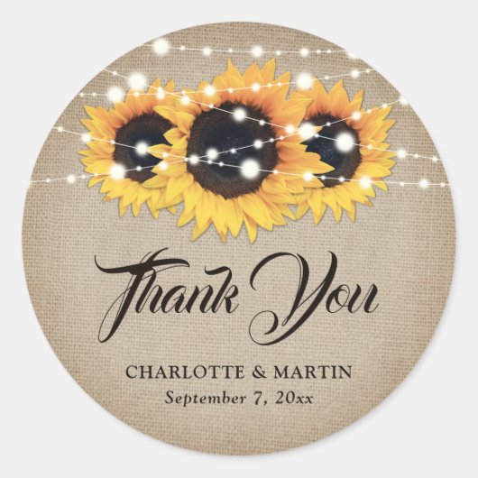 Sticker Rond Rustique Burlap Sunflower Merci Mariage Faveur (Devant)