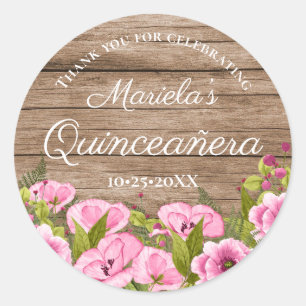 Sticker Rond Rustique Chic rose Floral Quinceañera Merci