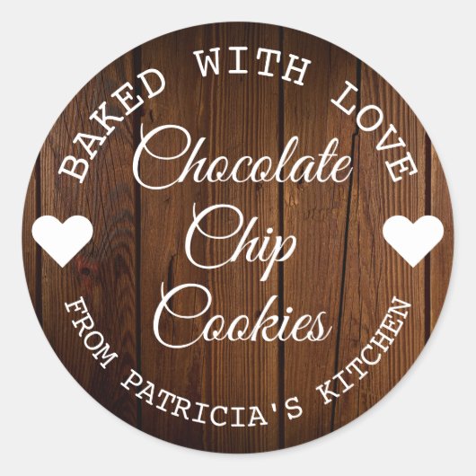 Sticker Rond Rustique Cuisiné Avec Amour Cookies Bois Brown (Devant)