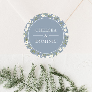 Sticker Rond Rustique Dusty Bleu Blanc Fleurs sauvages Mariage 
