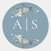 Sticker Rond Rustique Dusty Blue Fleurs sauvages & Daisy Mariag (Devant)