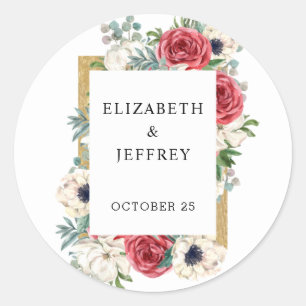 Sticker Rond Rustique Elegant Rouge et or Floral Blanc Mariage