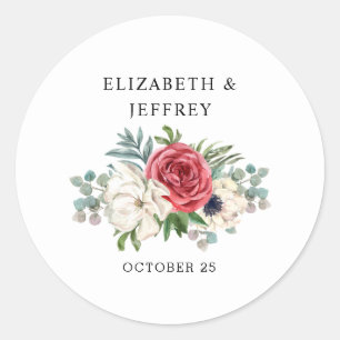Sticker Rond Rustique Elegant Rouge Floral Mariage blanc