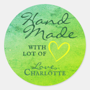 Sticker Rond Rustique fait à la main avec amour Vert Coeur Papi