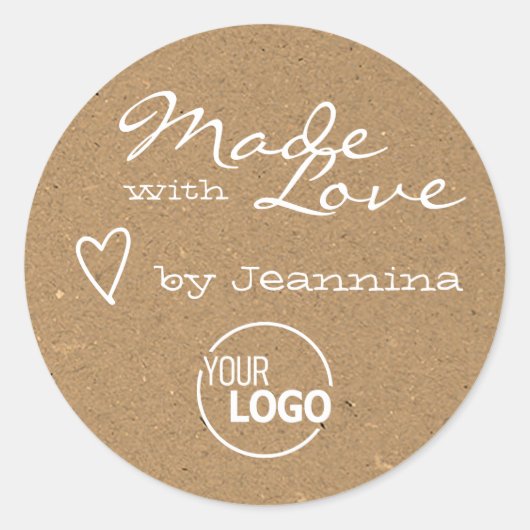 Sticker Rond Rustique fait avec Love Coeur Symbole Kraft Papier (Devant)