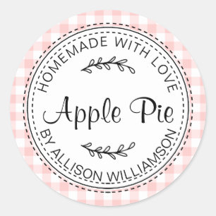 Sticker Rond Rustique fait maison Apple Pie rose blanc chèque