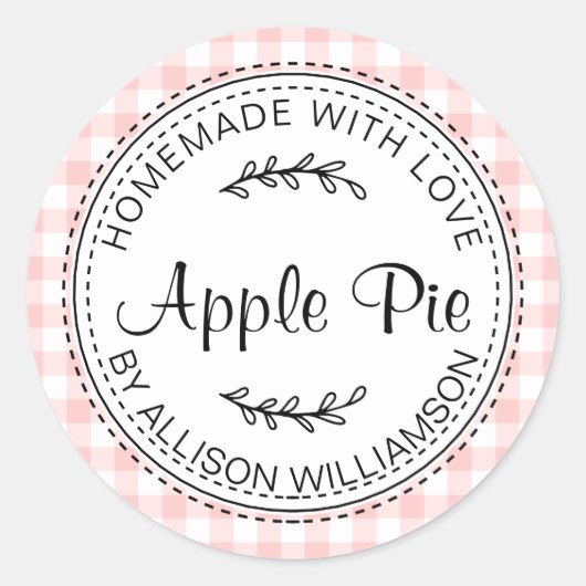 Sticker Rond Rustique fait maison Apple Pie rose blanc chèque (Devant)