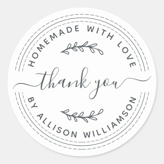 Sticker Rond Rustique Fait Maison Avec Amour Merci Blanc Noir (Devant)