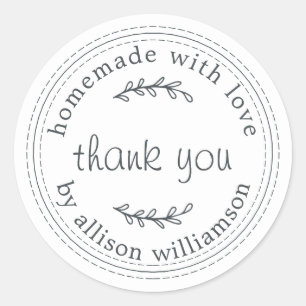 Sticker Rond Rustique Fait Maison Avec Amour Merci Blanc Noir