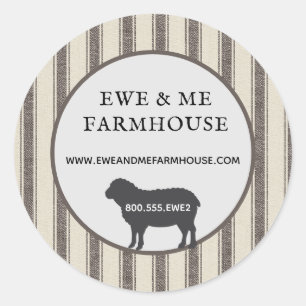 Sticker Rond Rustique Farmhouse Style Mouton Noir Tan Ticking