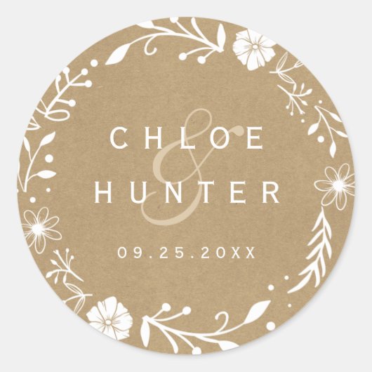 Sticker Rond Rustique Floral Botanique Wreath Faux Kraft Mariag (Devant)