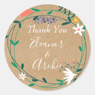 Sticker Rond Rustique Floral Garland Mariage Merci Favor