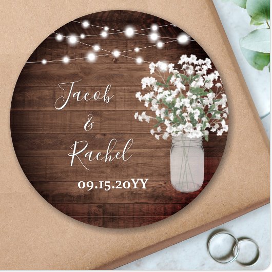 Sticker Rond Rustique Floral Mason Jar & Mariage Lumières