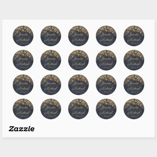Sticker Rond Rustique Glam Navy Blue Mariage de script or (Feuille)