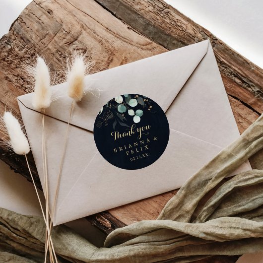 Sticker Rond Rustique Gold Floral Merci Bleu mariage Favoriser