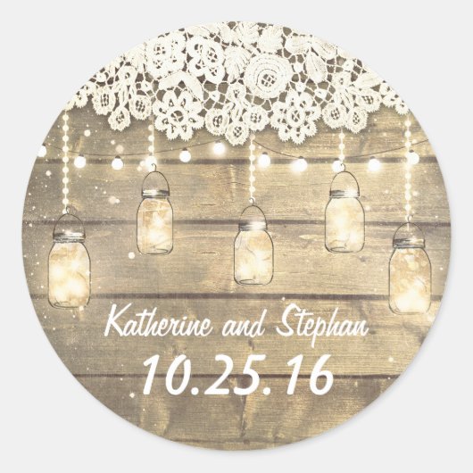Sticker Rond Rustique Grange Mason Jar Lumières et Mariage de d (Devant)