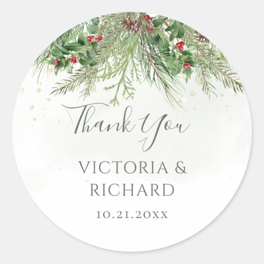 Sticker Rond Rustique hiver verdure Berries Pine Cone Mariage (Devant)