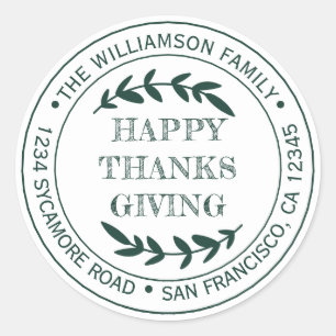 Sticker Rond Rustique Joyeux Thanksgiving Adresse de Retour Ver