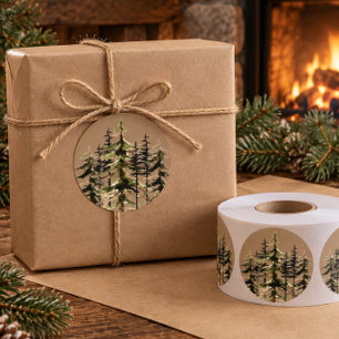 Sticker Rond Rustique Kraft Hiver Forêt de Sapins Classique