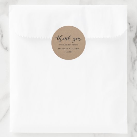 Sticker Rond Rustique Kraft manuscrit Merci de script Mariage (Sac)