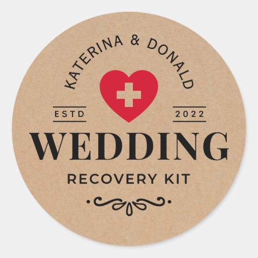 Sticker Rond Rustique Kraft Mariage Hangover Kit de récupératio (Devant)