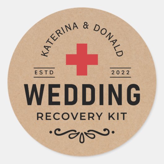 Sticker Rond Rustique Kraft Mariage Hangover Kit de récupératio (Devant)